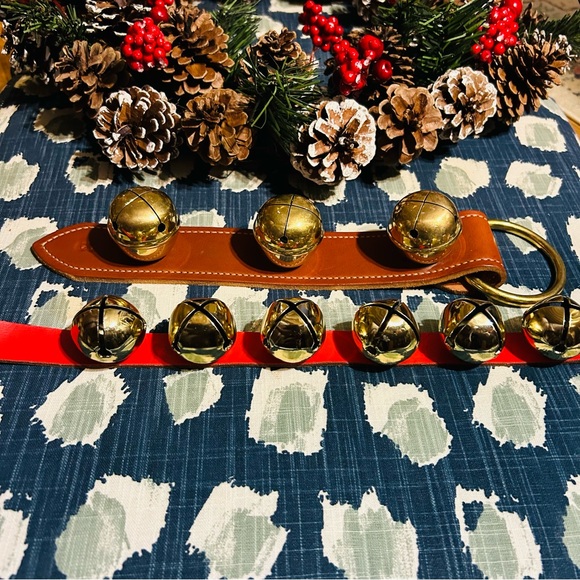 Belsnickle Brass Bell Pair on Leather Straps — 17” & 14” Like New Holiday Decor - Picture 5 of 7